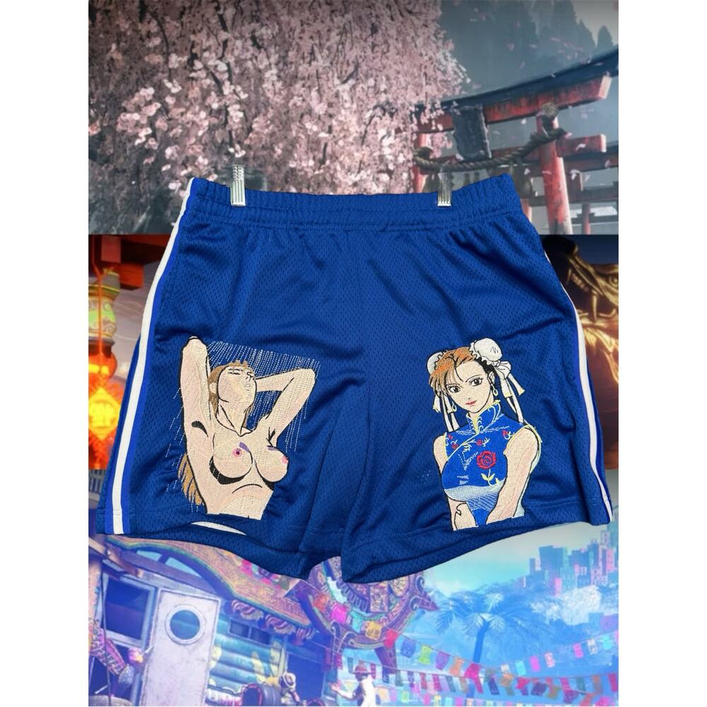 Large- Blue- Showering Chun Li Embroidered Basketball Shorts